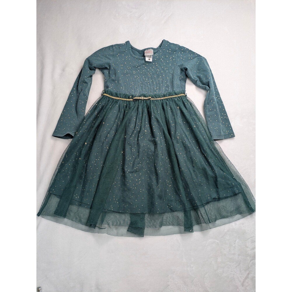 Hanna Andersson Girls Green Gold Star Polka Dot Tulle Tutu Dress Size 5